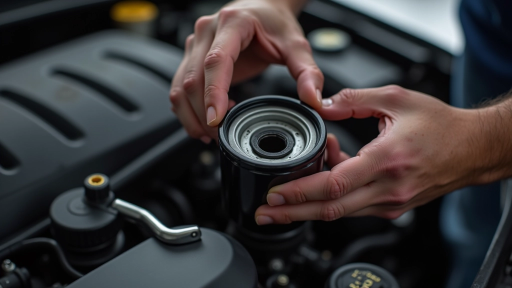 Close-up view of an engine oil filter being removed from an engine during service