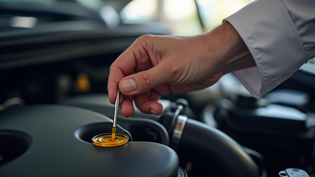 Mechanic performing engine oil check with dipstick showing proper oil level and color