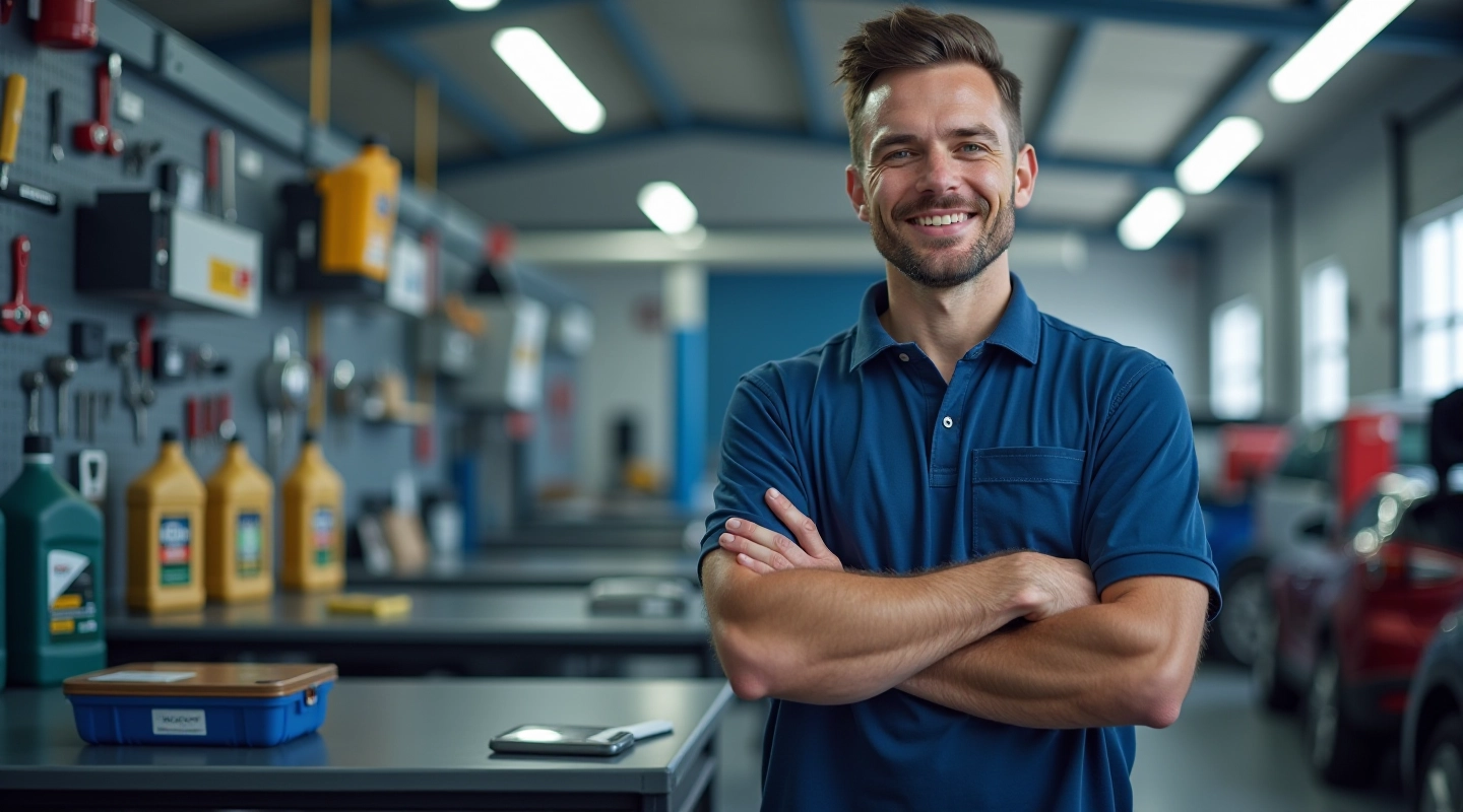 Professional engine maintenance workspace with quality synthetic oil and precision tools