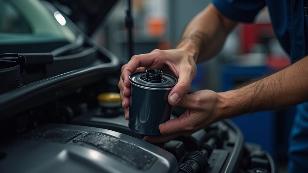 New oil filter being installed on engine mount with hands applying proper hand-tight pressure