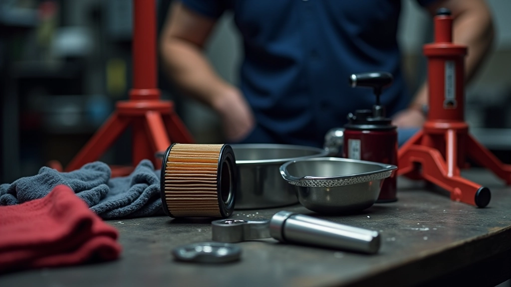 Organized workspace with oil filter replacement tools laid out on a clean work surface